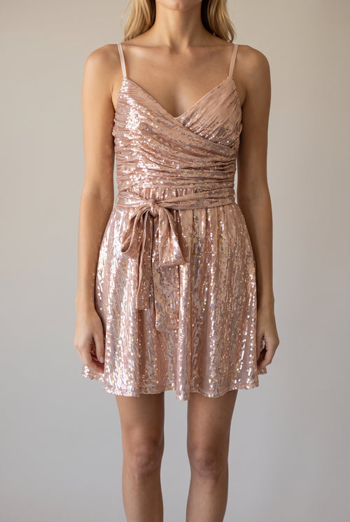 Cheap Thrills Mini Dress in Small, showing the draped neckline, tie waist and mini skater hem.