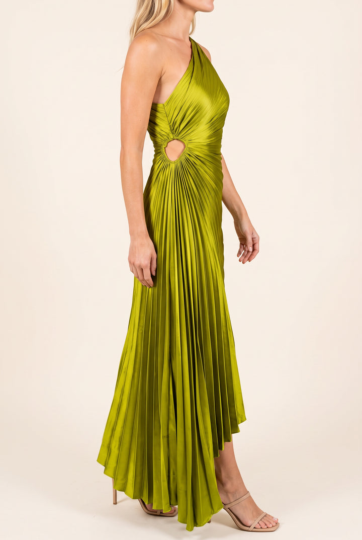 Angled side fit of the Crazy for You Pleated Maxi Dress showing its waist cutout and high-low drape.