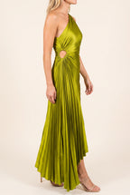 Angled side fit of the Crazy for You Pleated Maxi Dress showing its waist cutout and high-low drape.