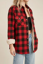 Roomy sleeve and rolled sherpa cuff on the Cozy Cabin Buffalo Plaid Shacket.
