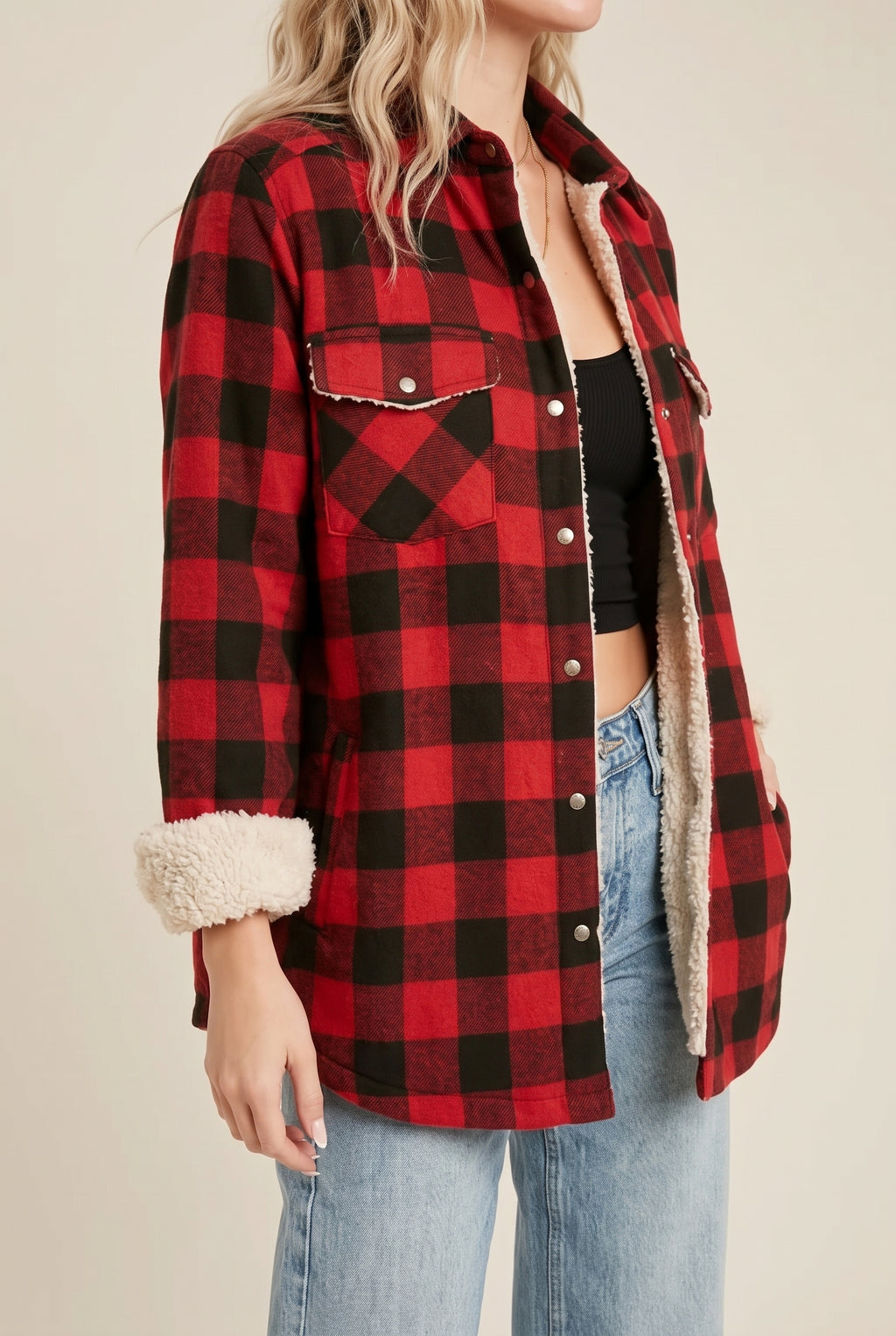 Roomy sleeve and rolled sherpa cuff on the Cozy Cabin Buffalo Plaid Shacket.