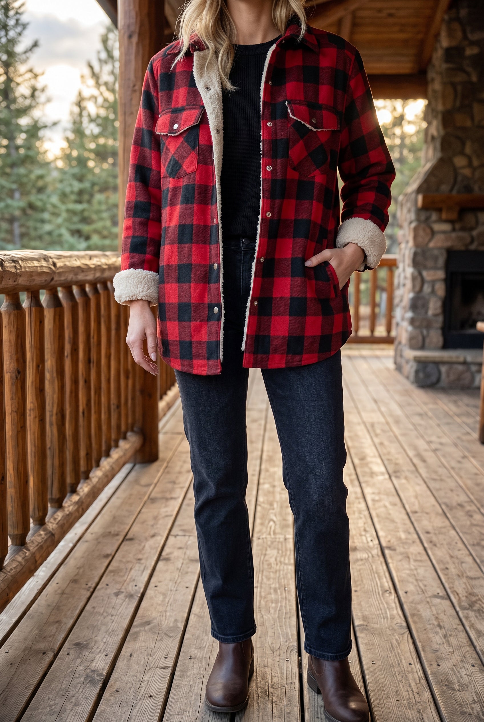 Cozy Cabin Buffalo Plaid Shacket styled with jeans on a rustic cabin porch.