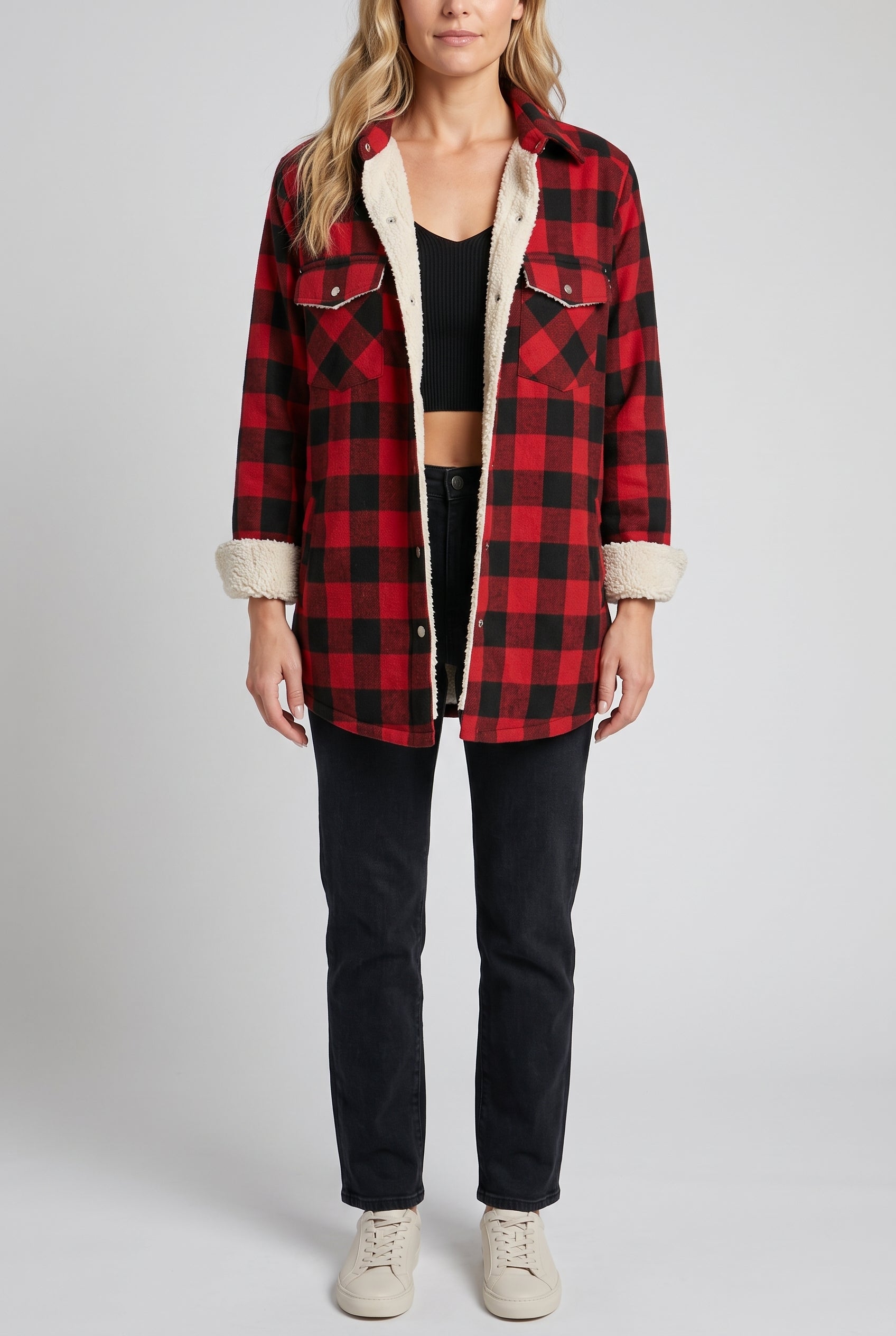 Cozy Cabin Buffalo Plaid Shacket in Small shown open with a relaxed front fit.