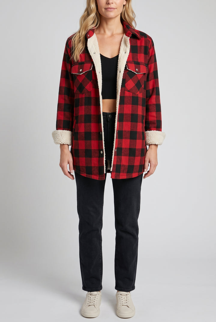 Cozy Cabin Buffalo Plaid Shacket in Small shown open with a relaxed front fit.