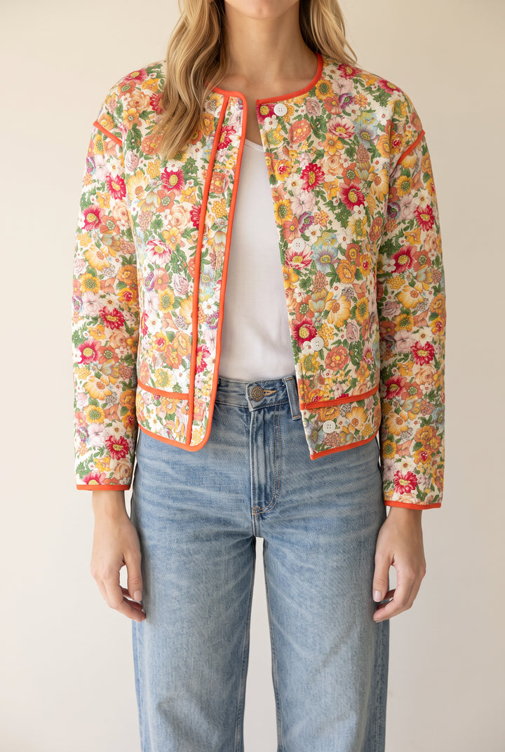 Good Feeling Cotton Jacket in Small/Orange showing the full cropped front fit on Elsa.