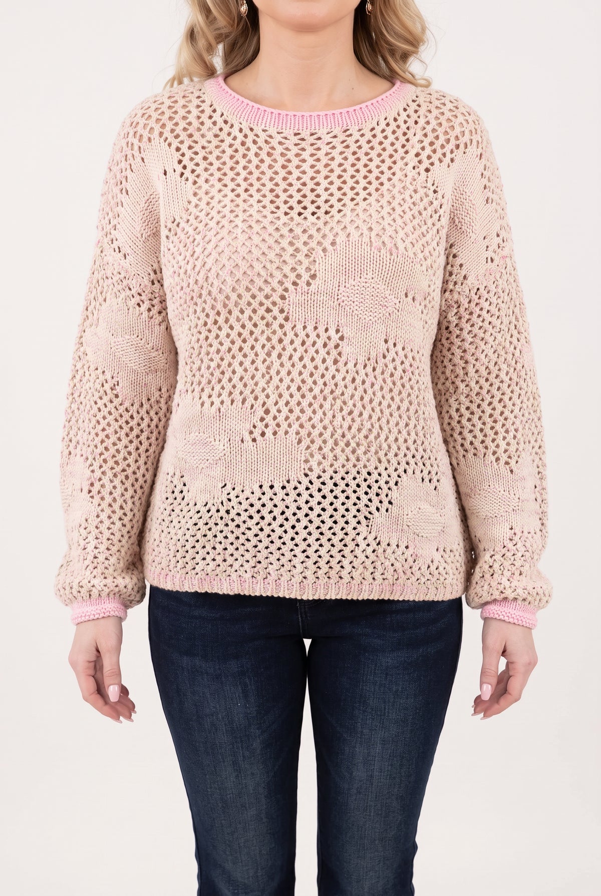 Small/Pink Flower Power Floral Sweater worn front-on, showing floral placement and open-knit coverage.