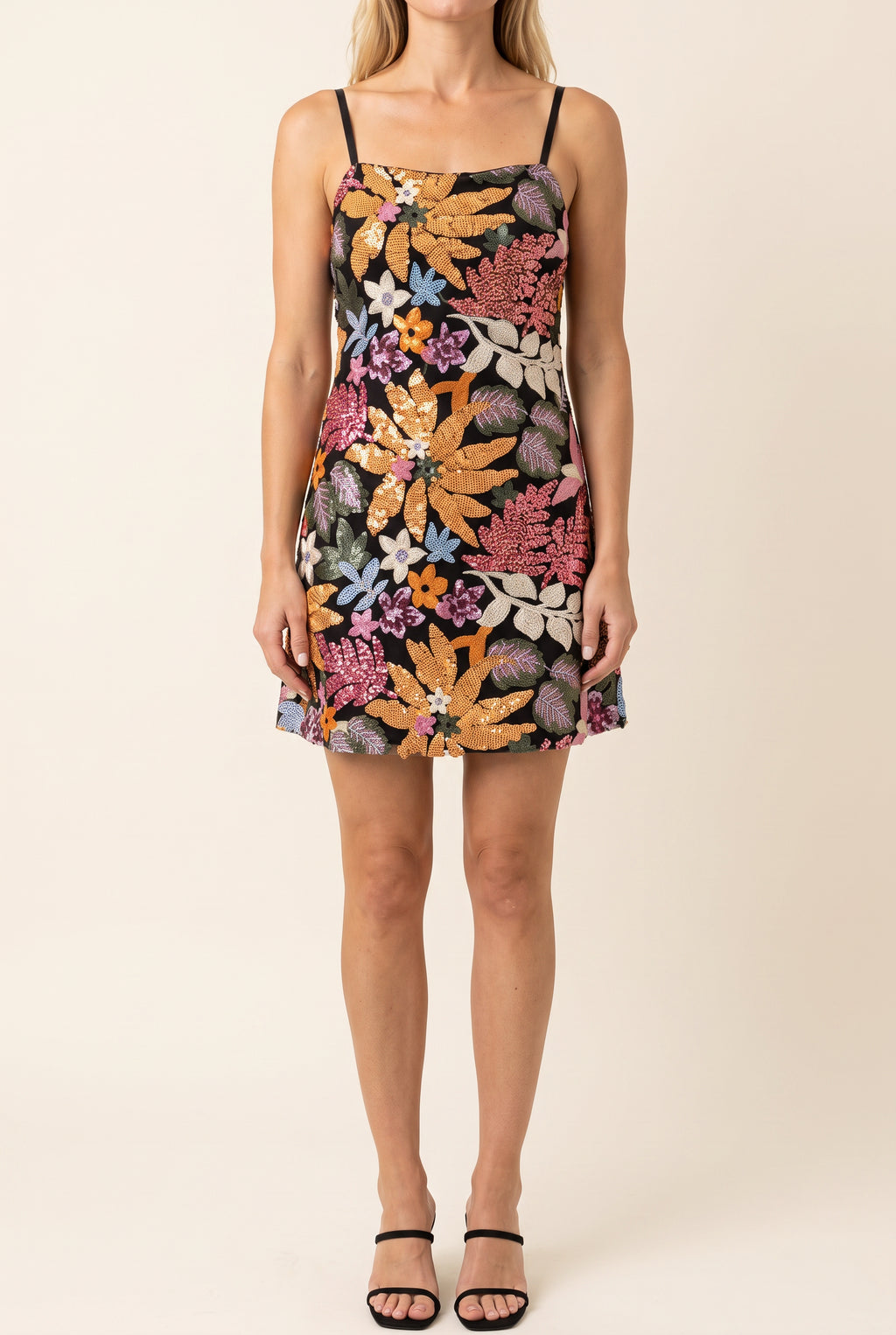 Front fit of the Floral Radiance sequin mini dress in Small, showing its natural A-line hem.