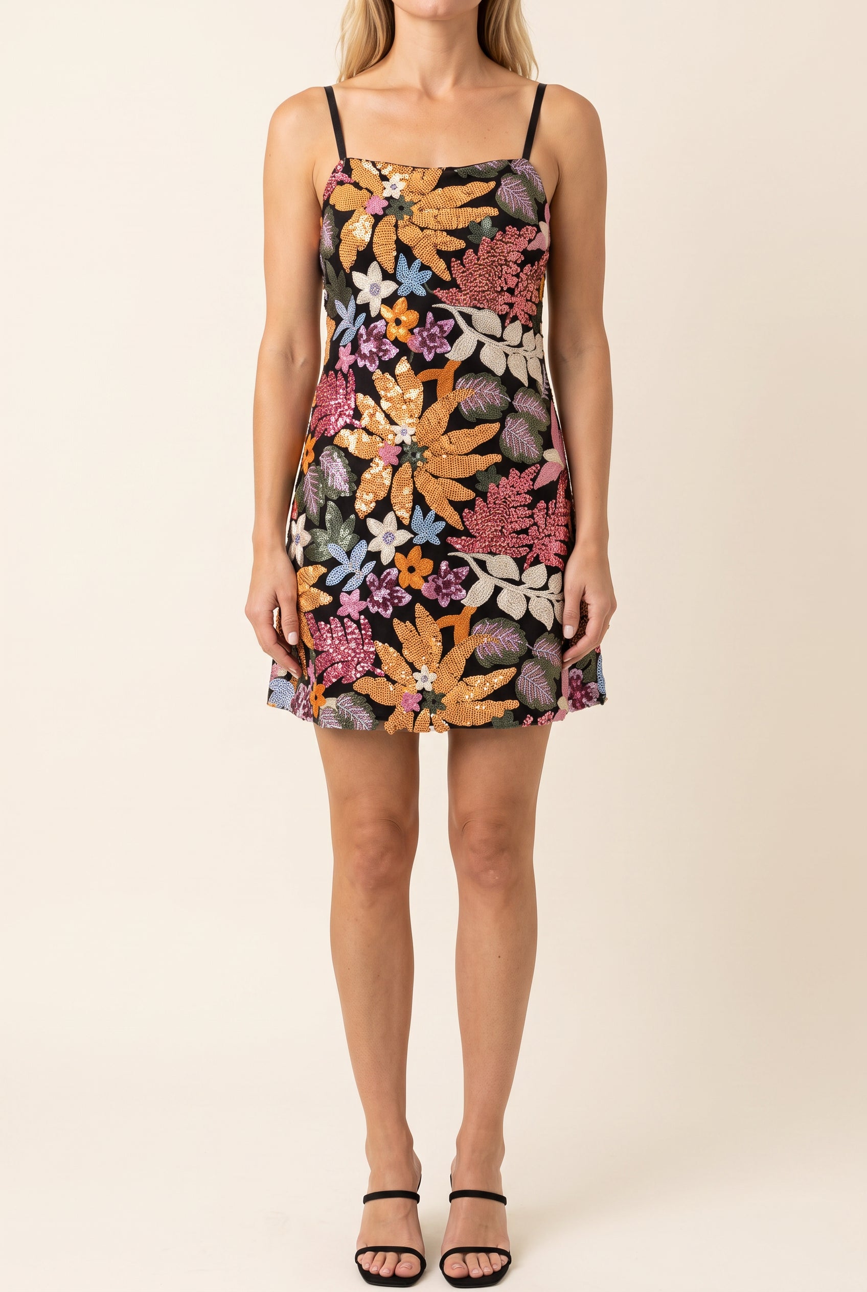 Front fit of the Floral Radiance sequin mini dress in Small, showing its natural A-line hem.