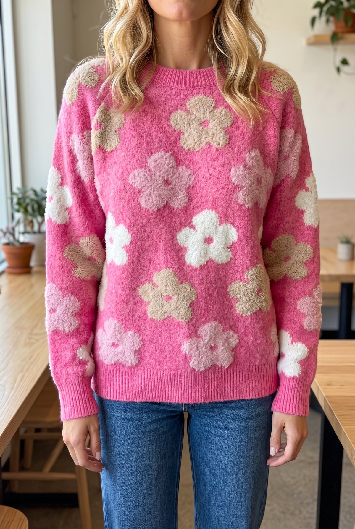 Everly Floral Sweater Top in Pink styled untucked with jeans for a casual daytime outfit.
