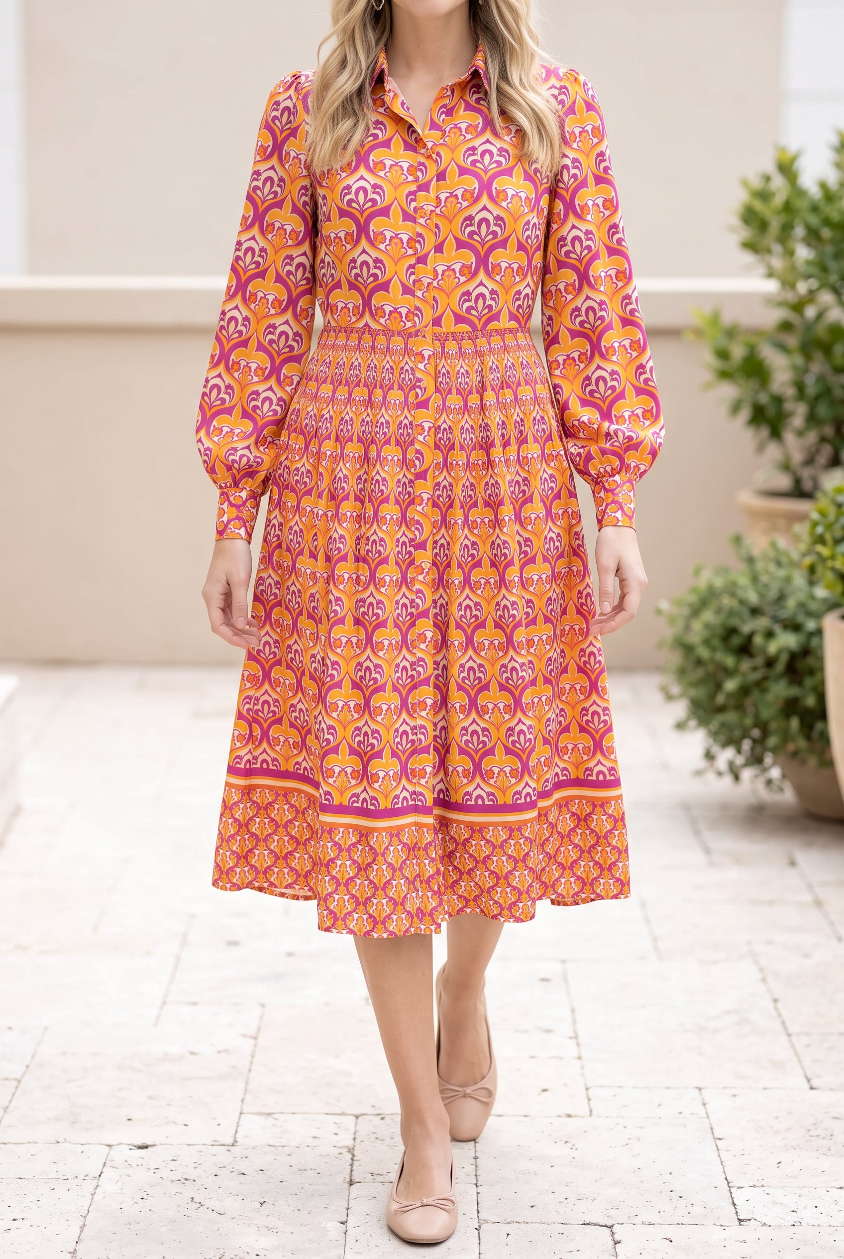 Front walking view of the I'm Spicing Things Up Shirt Dress in Small showing its natural hem and silhouette.