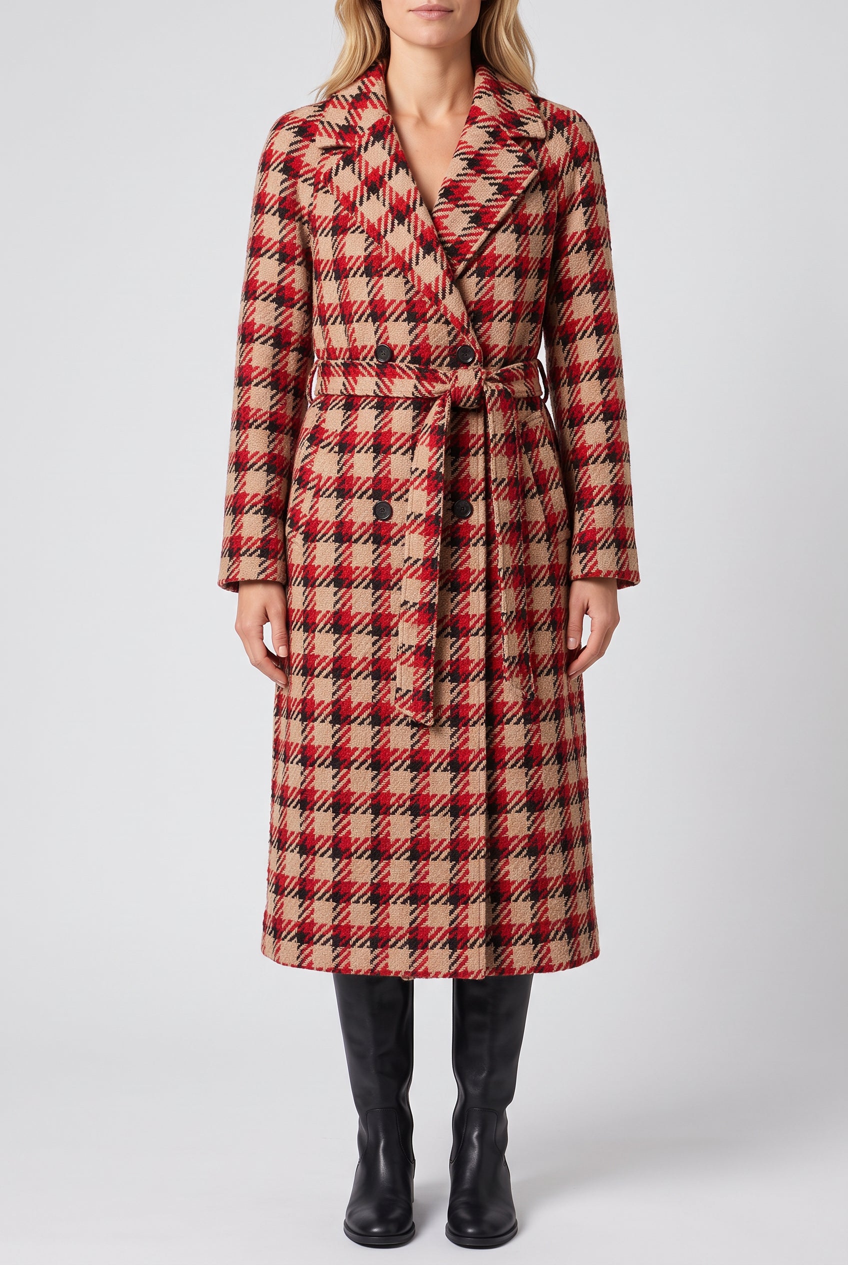 'Tis The Damn Season plaid coat in Small on Elsa, showing front fit, belt and full hem.