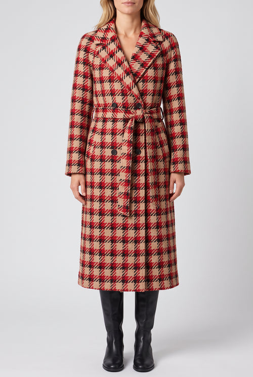 'Tis The Damn Season plaid coat in Small on Elsa, showing front fit, belt and full hem.