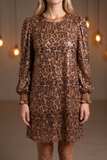 Going Wild leopard sequin shift dress in Small, shown front-on with relaxed fit and mini length.