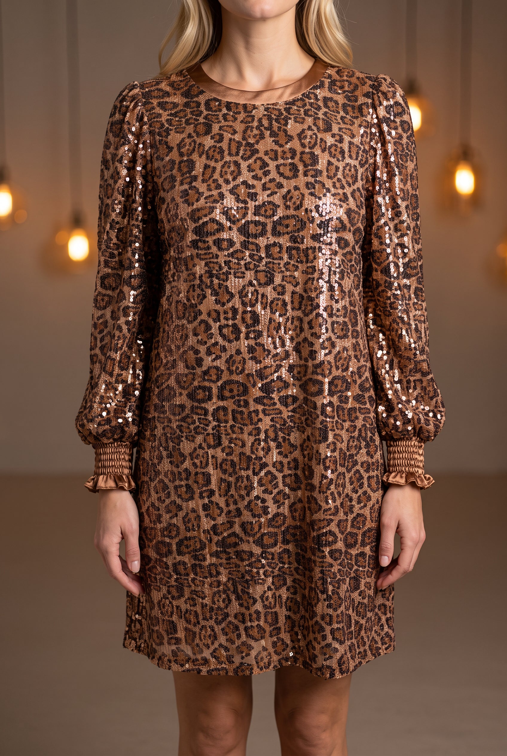Going Wild leopard sequin shift dress in Small, shown front-on with relaxed fit and mini length.