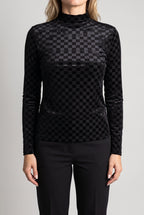 Everybody Needs Someone velvet checker top showing the clean front fit and untucked medium-length hem.