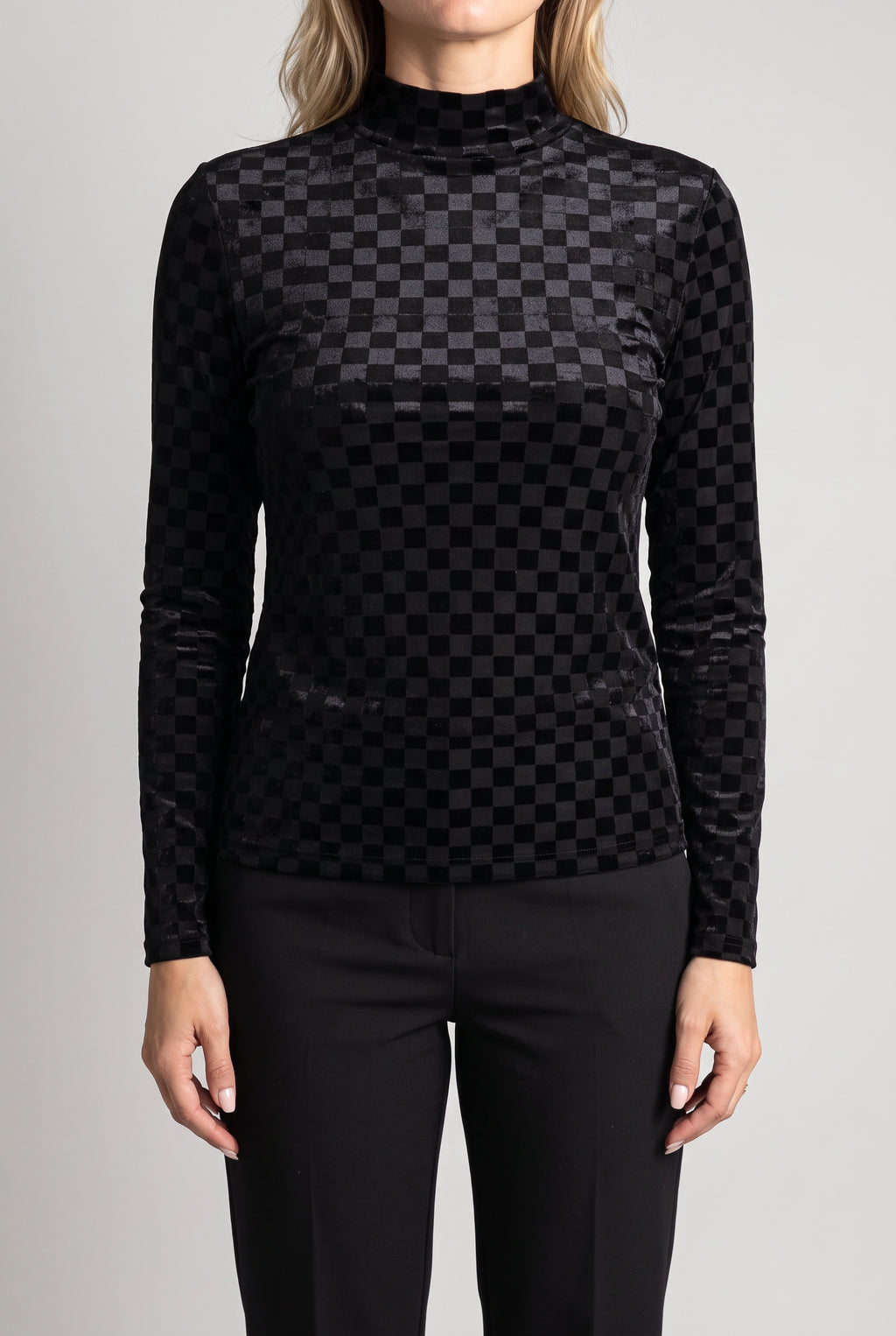 Everybody Needs Someone velvet checker top showing the clean front fit and untucked medium-length hem.