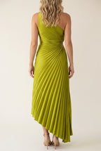 Back fit of the Crazy for You Pleated Maxi Dress showing wrapped pleats and the asymmetric hem.