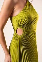 Close view of the Crazy for You dress showing satin sheen, fine pleats and the waist cutout edge.