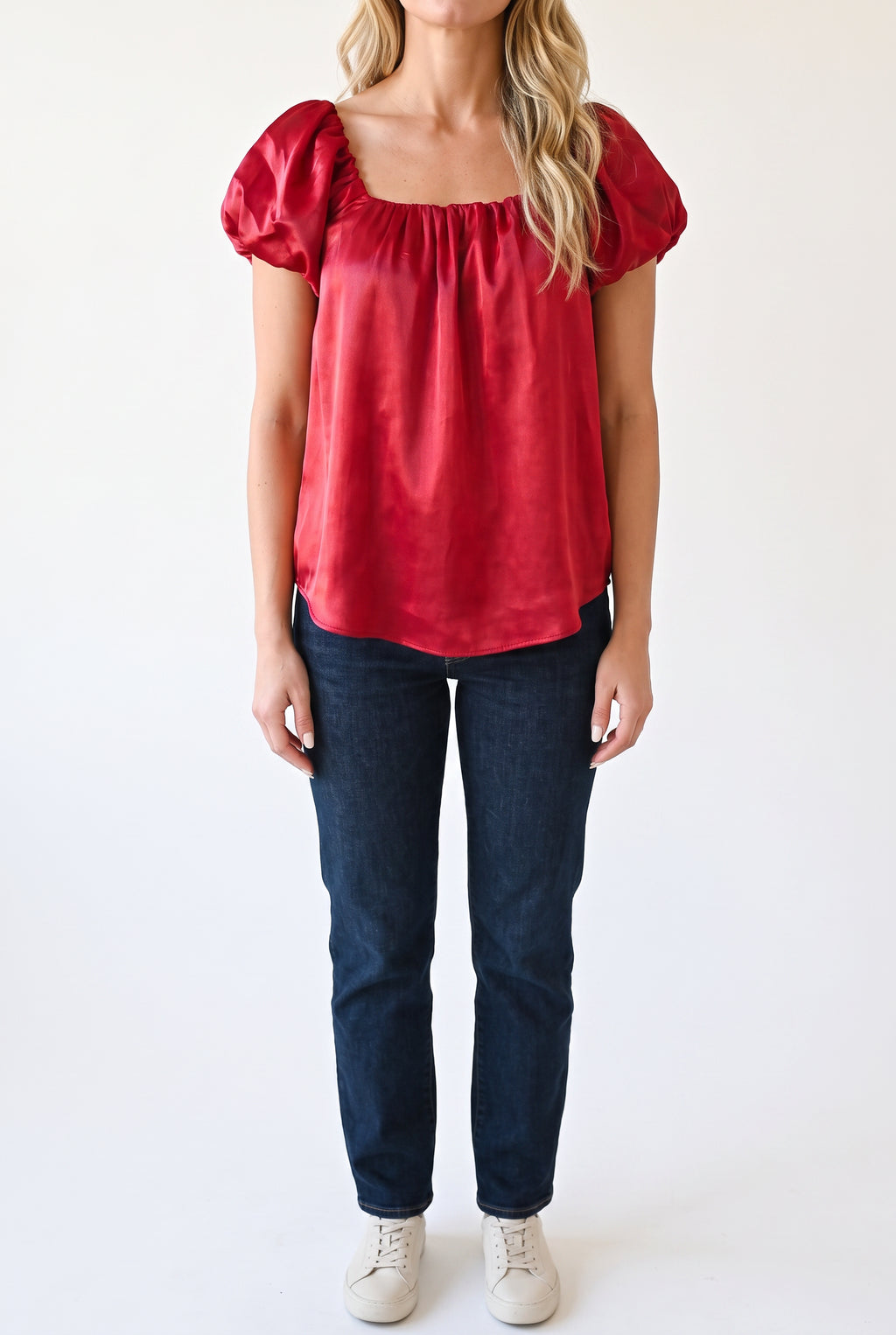 Front fit of the Red puff sleeve satin top in Small, showing its square neckline and relaxed body.