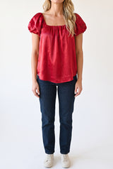 Front fit of the Red puff sleeve satin top in Small, showing its square neckline and relaxed body.