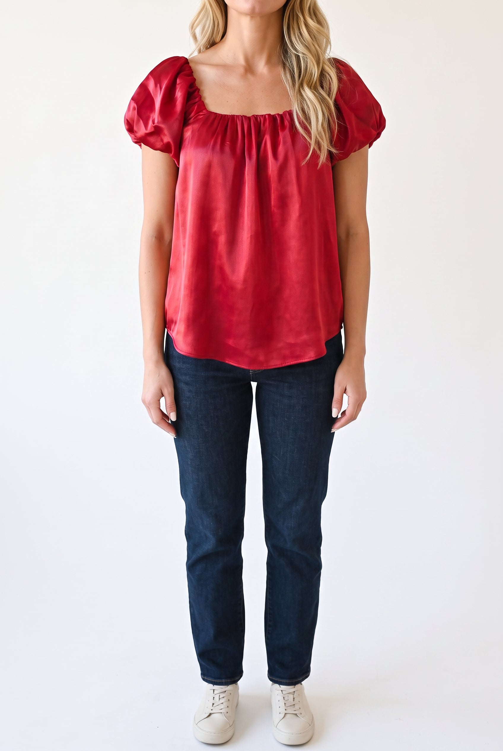 Front fit of the Red puff sleeve satin top in Small, showing its square neckline and relaxed body.