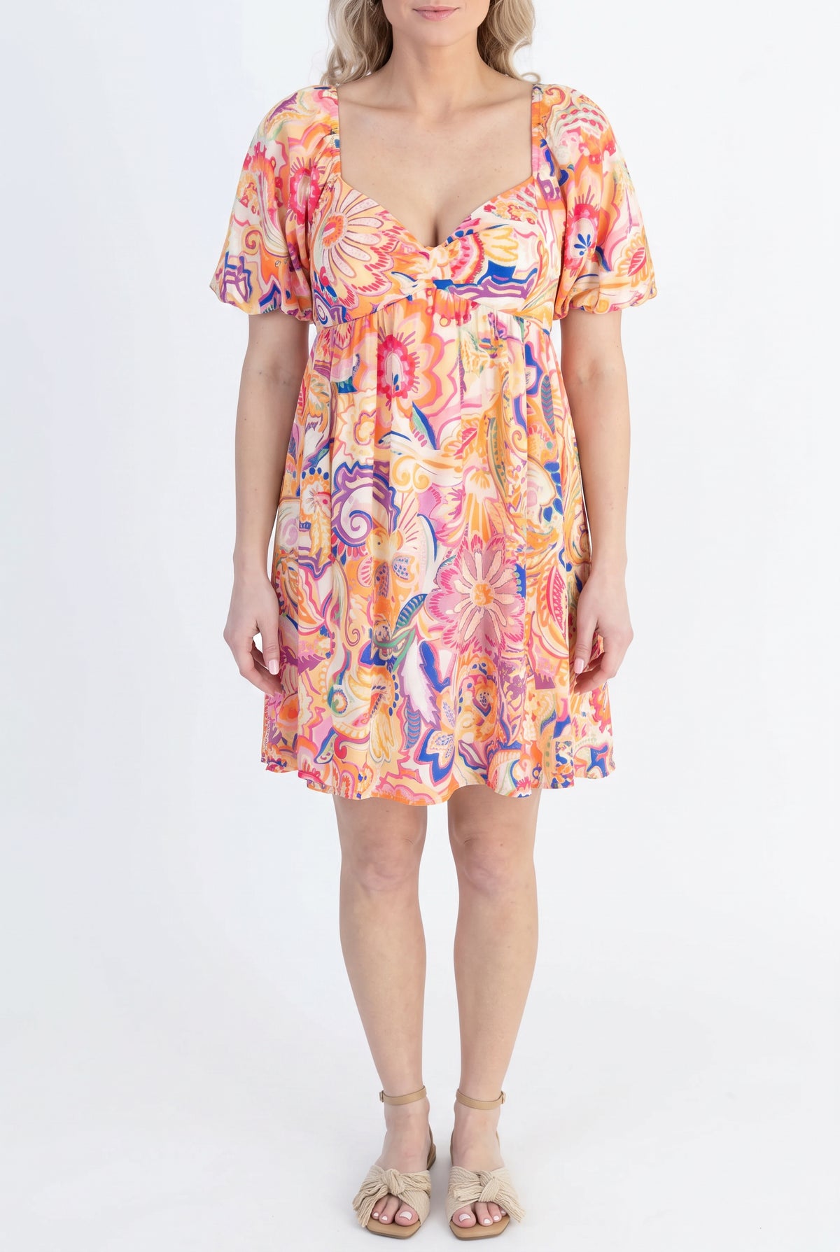 Front fit of the Create Your Sunshine Mini Dress in Small, showing its neckline and A-line mini shape.