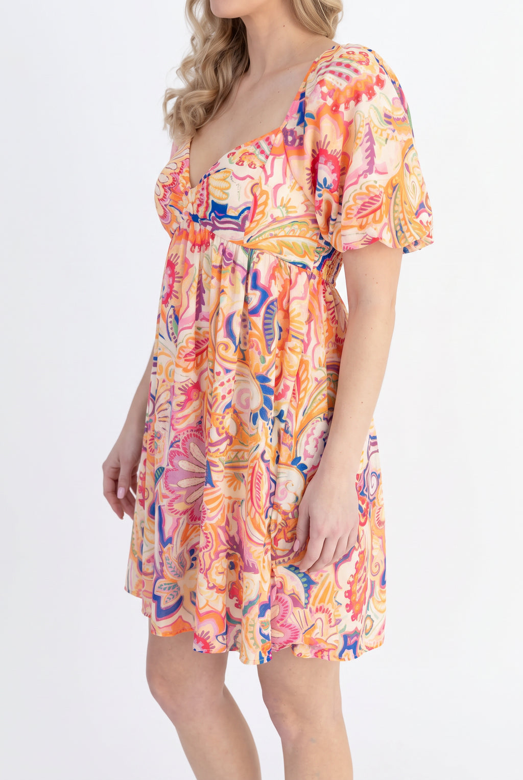 Side fit of the Create Your Sunshine Mini Dress in Small, showing sleeve depth, empire seam and hem balance.