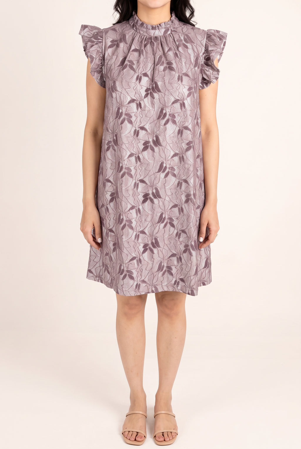 Front view of the Lavender For the First Time Shift Dress showing its loose A-line fit.