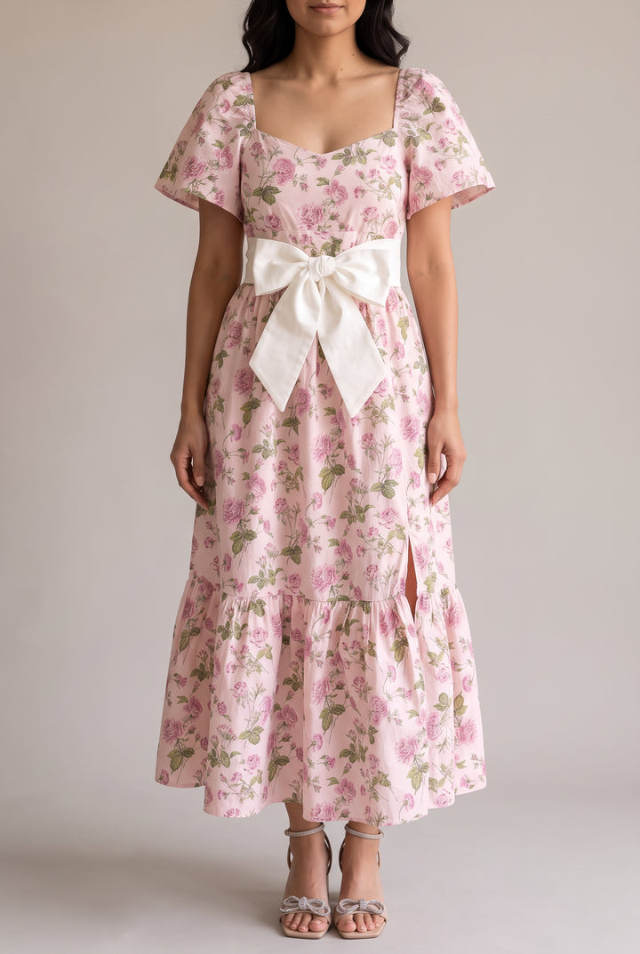 Front fit of the Sending You Love dress in Small, showing flutter sleeves and the ivory bow belt.