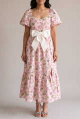 Front fit of the Sending You Love dress in Small, showing flutter sleeves and the ivory bow belt.
