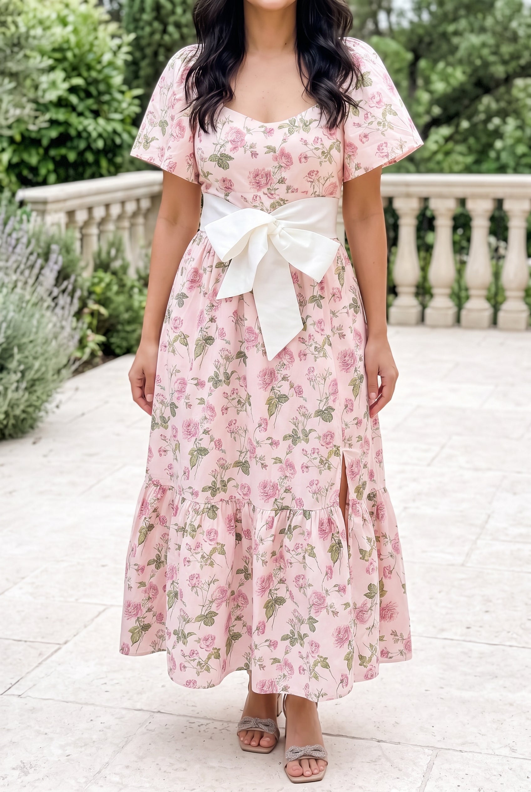 Shweta wearing the Small pink floral bow-belt dress on a bright occasion terrace.