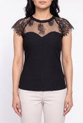 Midnight Madness black lace top in Small, showing the straight front fit and sweetheart bodice line.