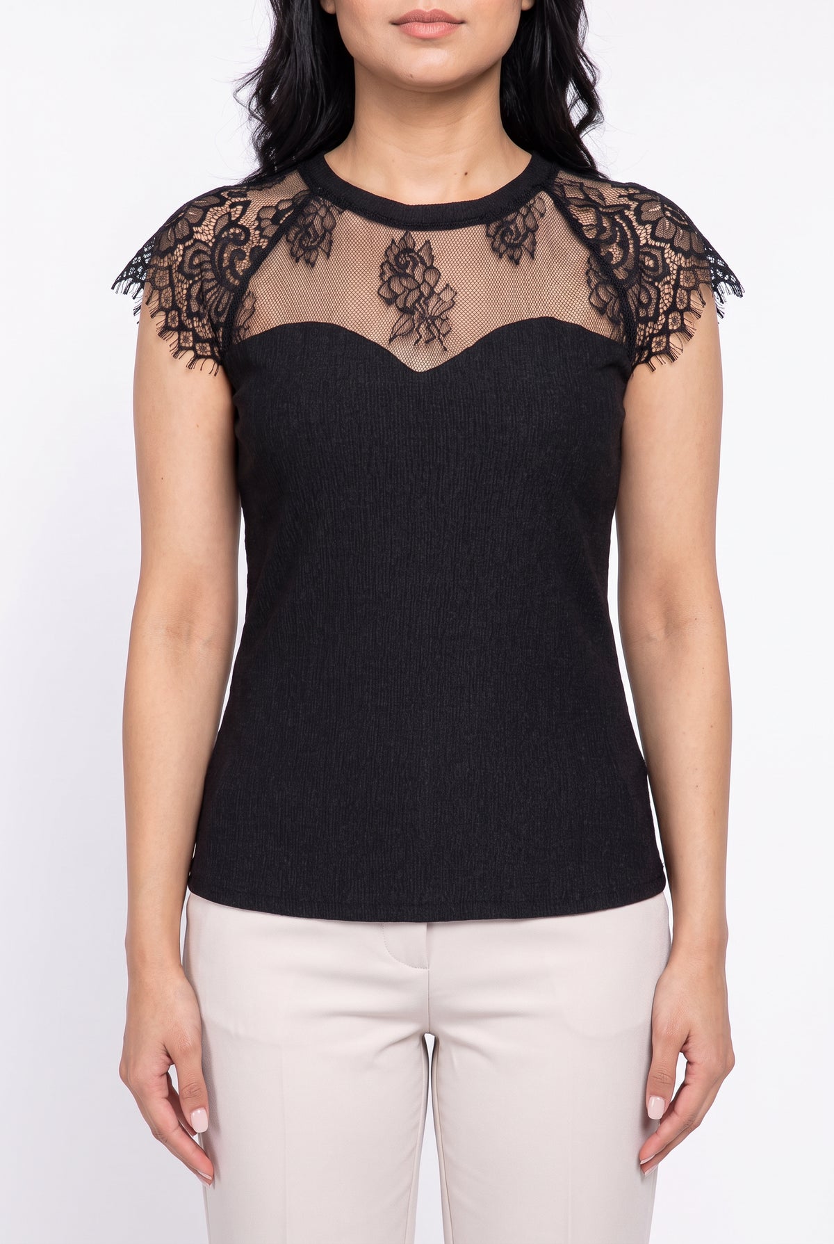 Midnight Madness black lace top in Small, showing the straight front fit and sweetheart bodice line.