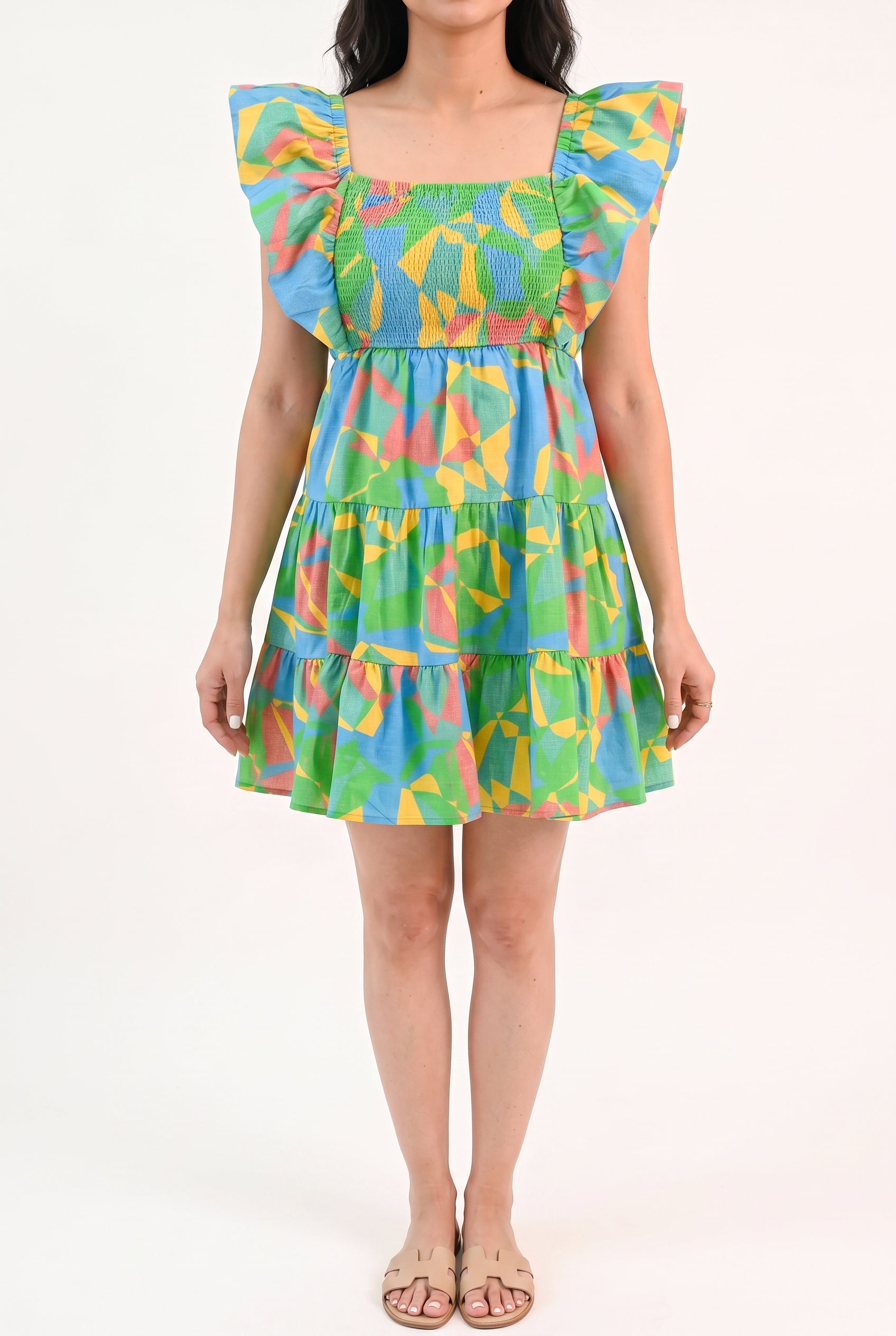 Front fit of the Radiant As Always Flutter Sleeve Dress in Small on Shweta.