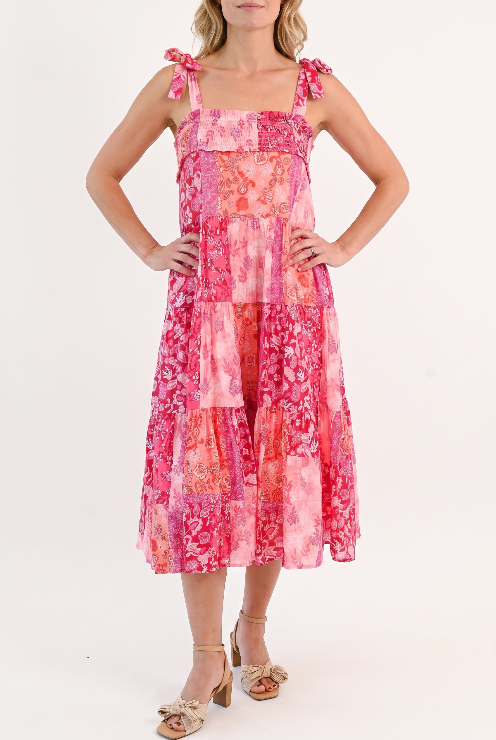 Front fit of the pink patchwork shoulder-tie midi dress in size Small