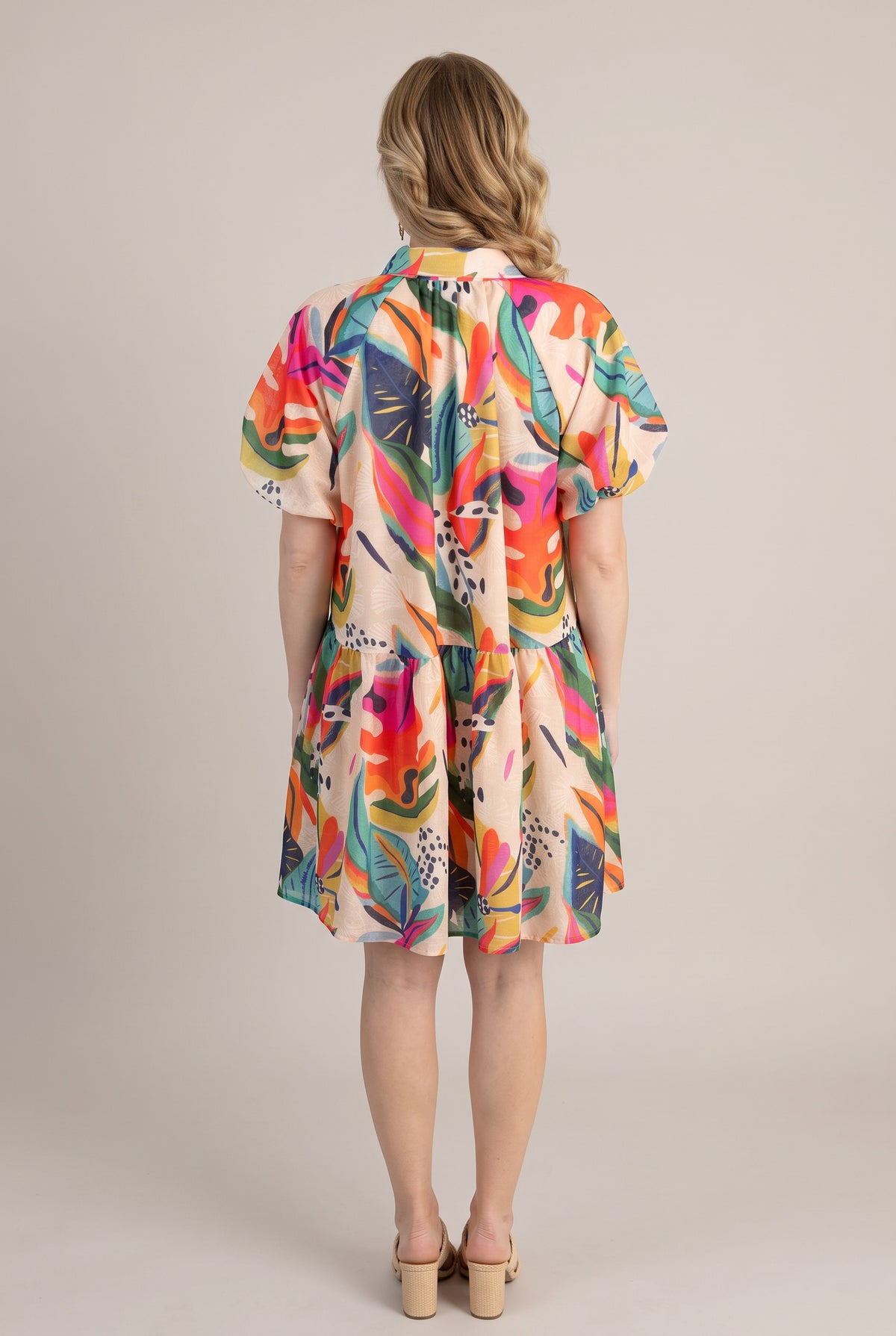 Back of the Sunset Swing Tropical Shirt Dress showing the yoke, center gathering and full swing skirt.