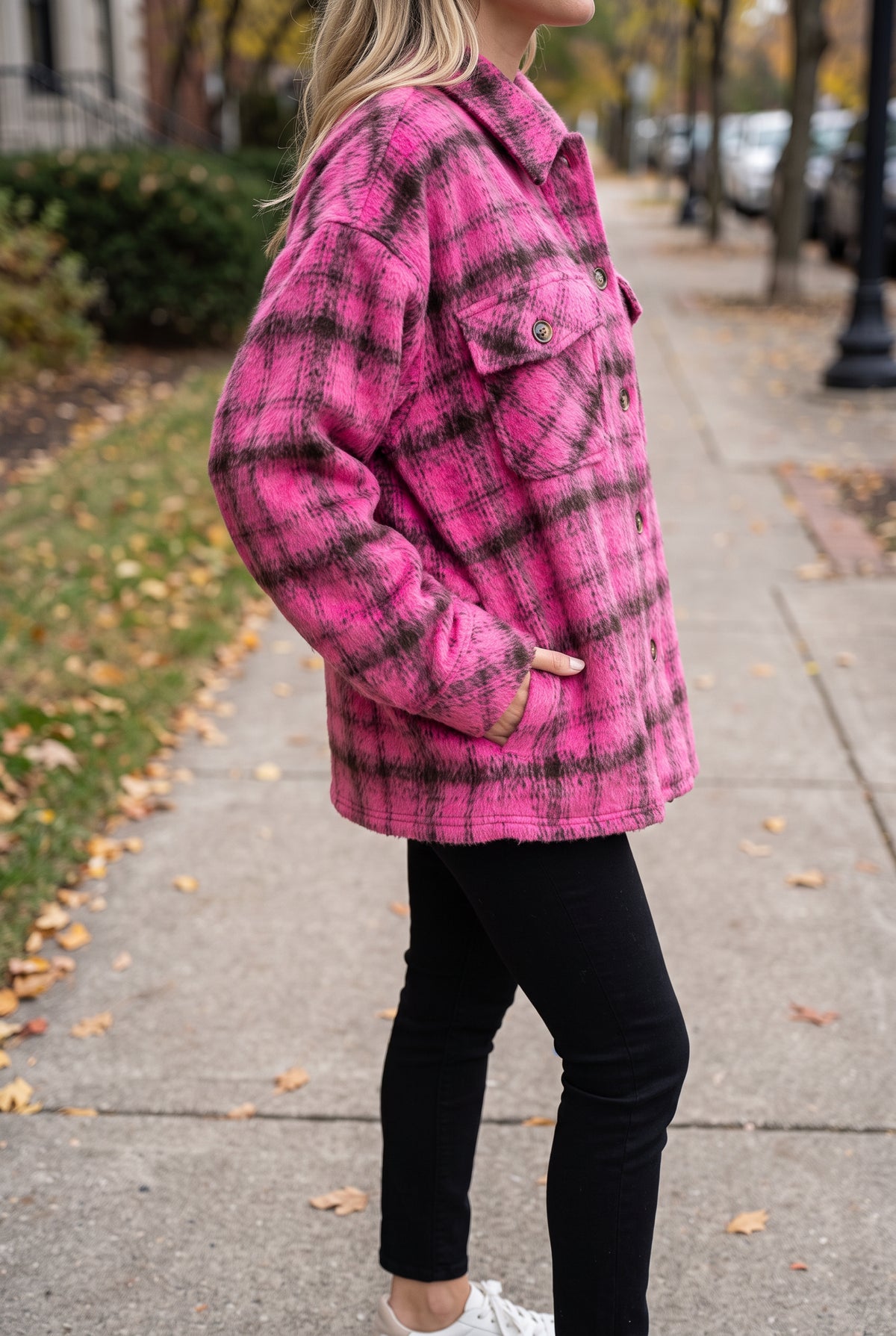 Berry Blessed Plaid Shacket worn in Small with the lower hand pocket in use.