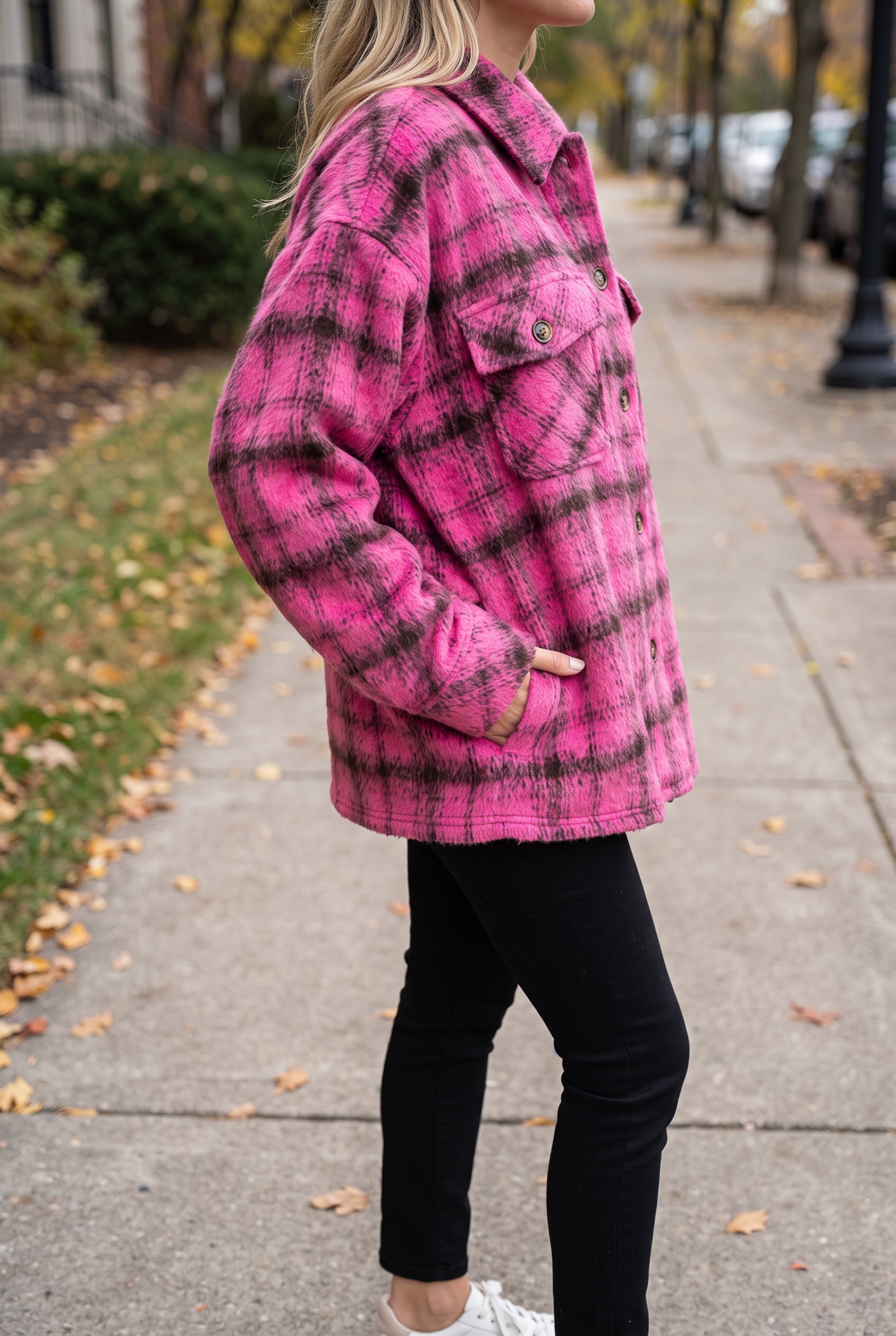 Berry Blessed Plaid Shacket worn in Small with the lower hand pocket in use.