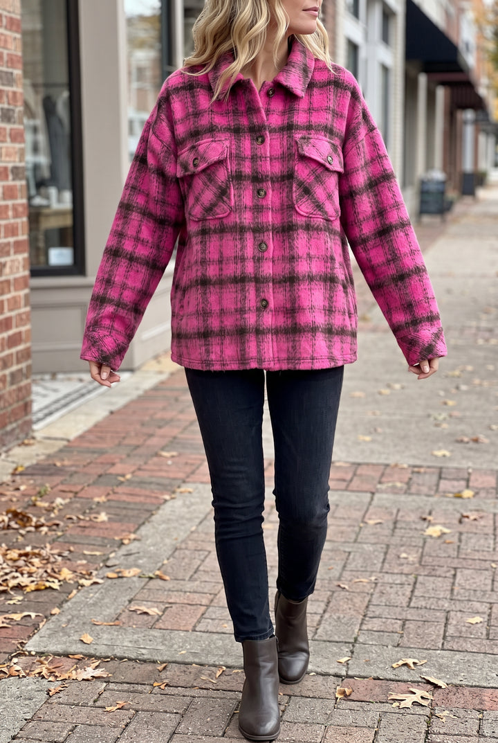 Berry Blessed Plaid Shacket in Small worn by Elsa in natural fall daylight.