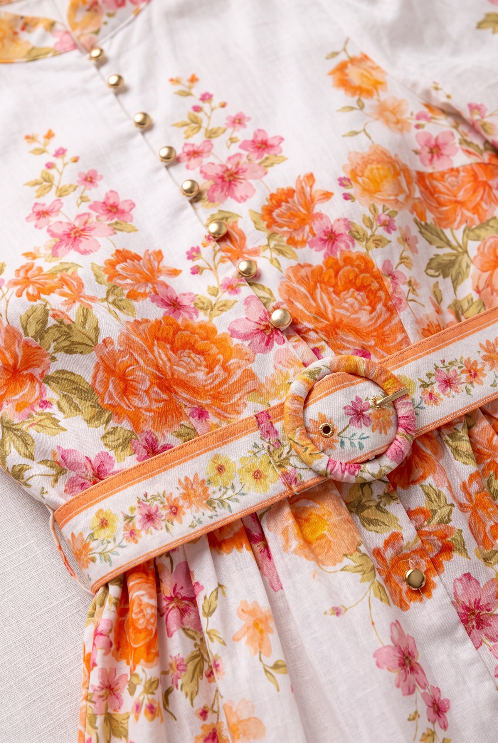 Close detail of the Sweet Sunshine dress fabric, floral print, gold-tone buttons and matching belt.