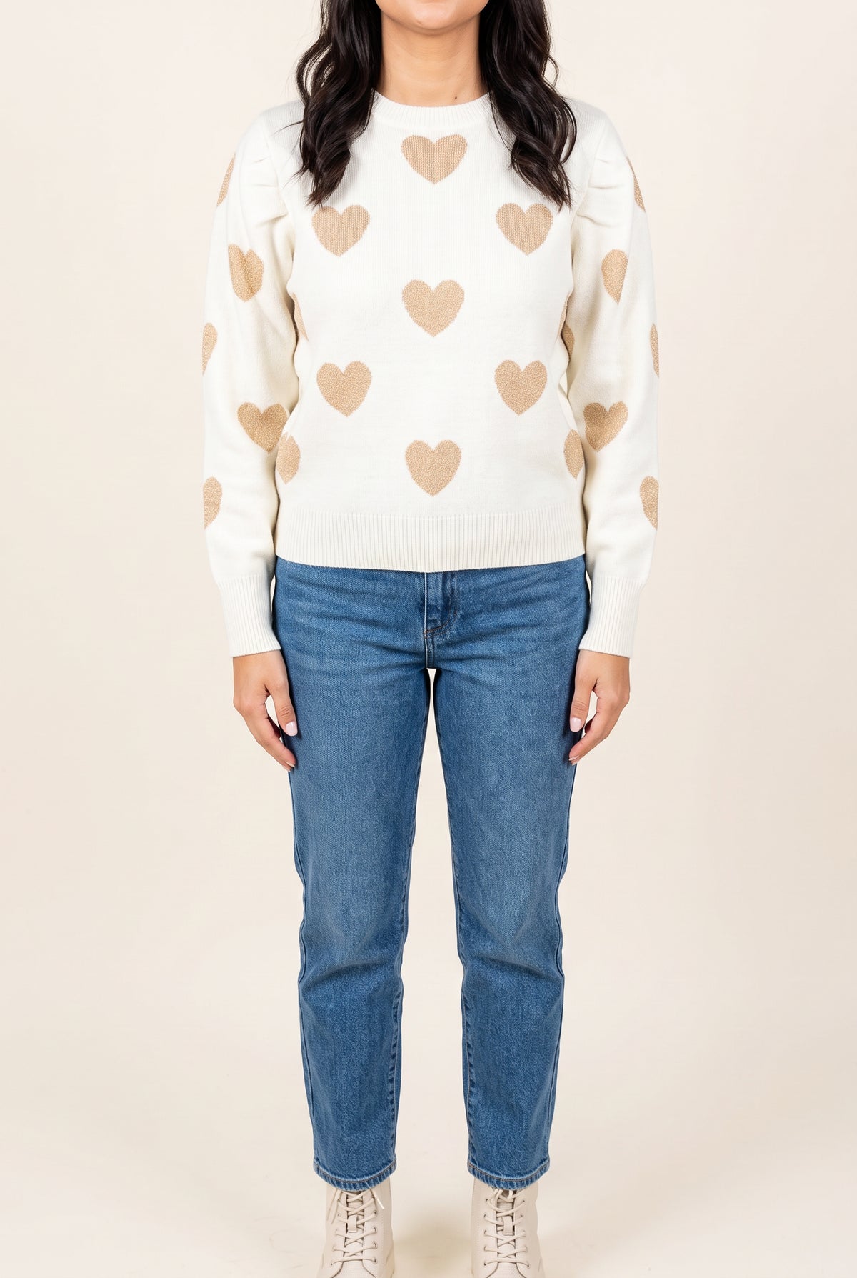 Make Me Feel Golden Heart Sweater in Small shown straight on with relaxed sleeves and a high-hip hem.