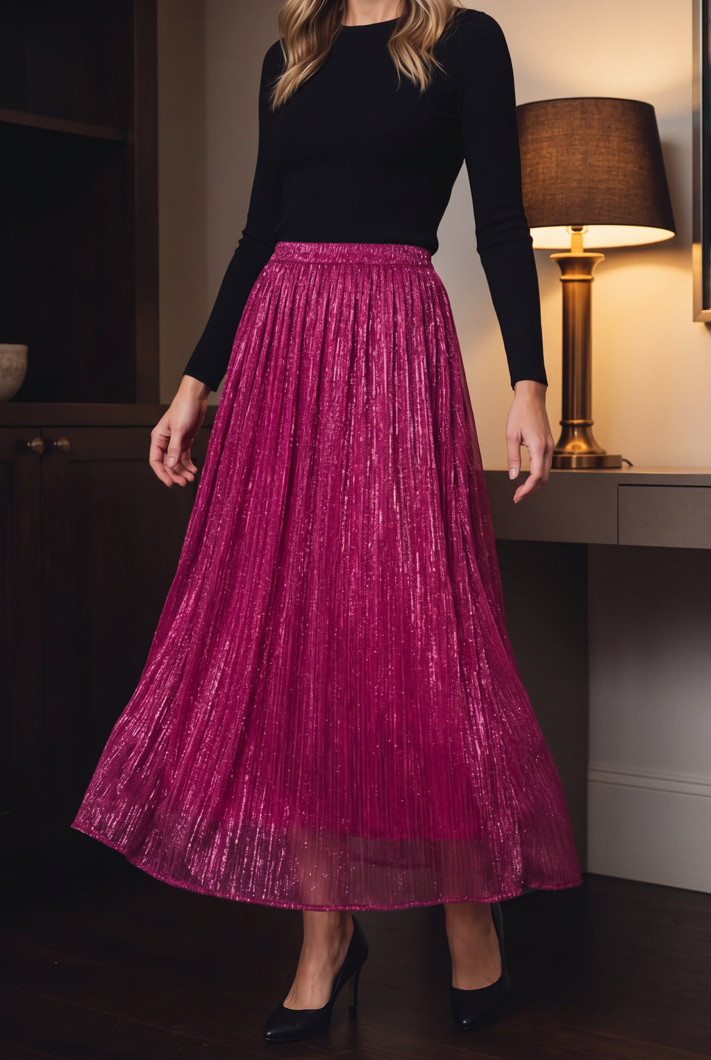 Win My Heart Sparkle Pleated Maxi Skirt styled with a black top for an evening occasion.