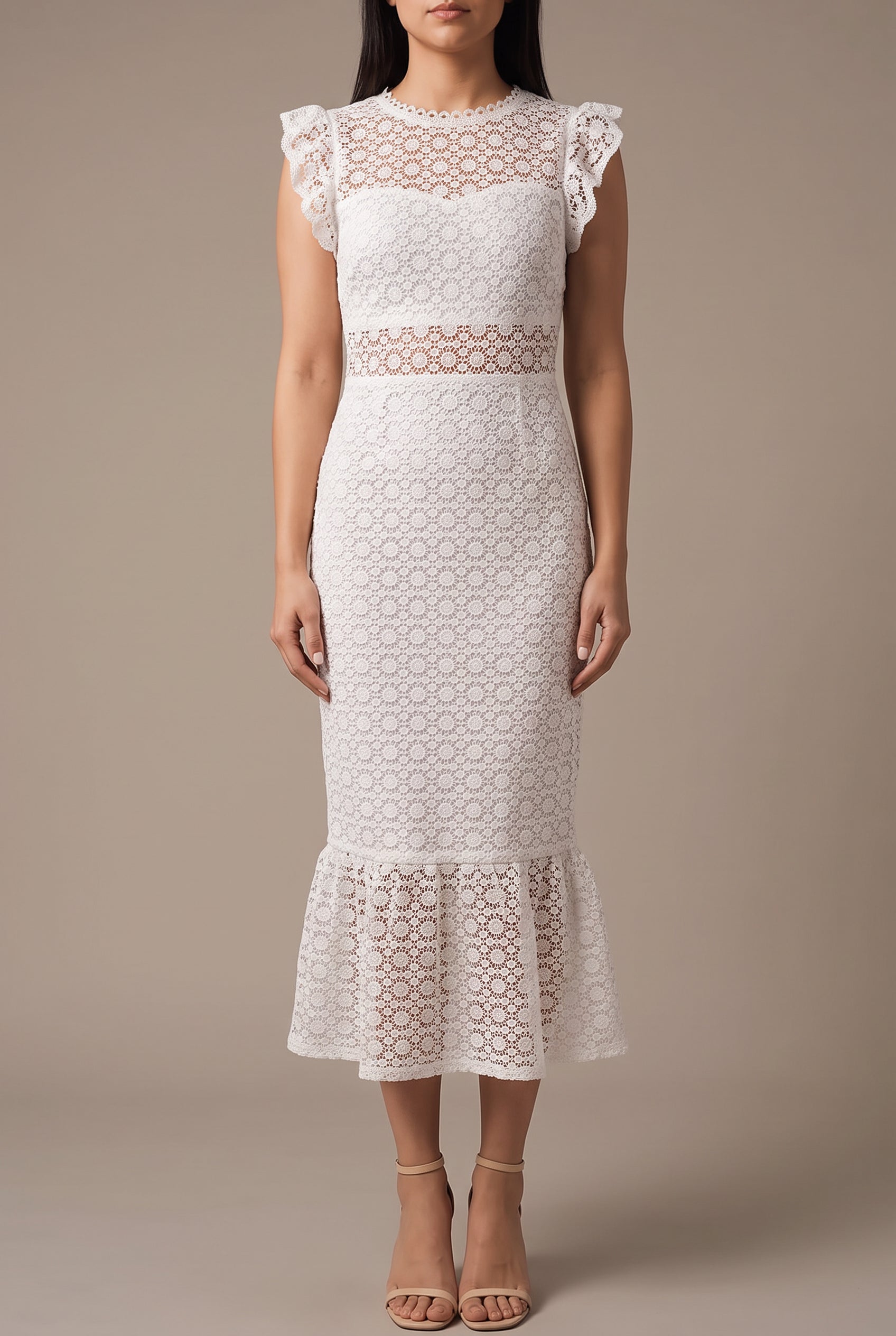 Front fit of the Dancing Flowers white lace midi dress in Small, showing its fitted shape and flounced hem.