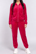 Front fit of the red Don't You Want Me plush hoodie and pants set in Small.