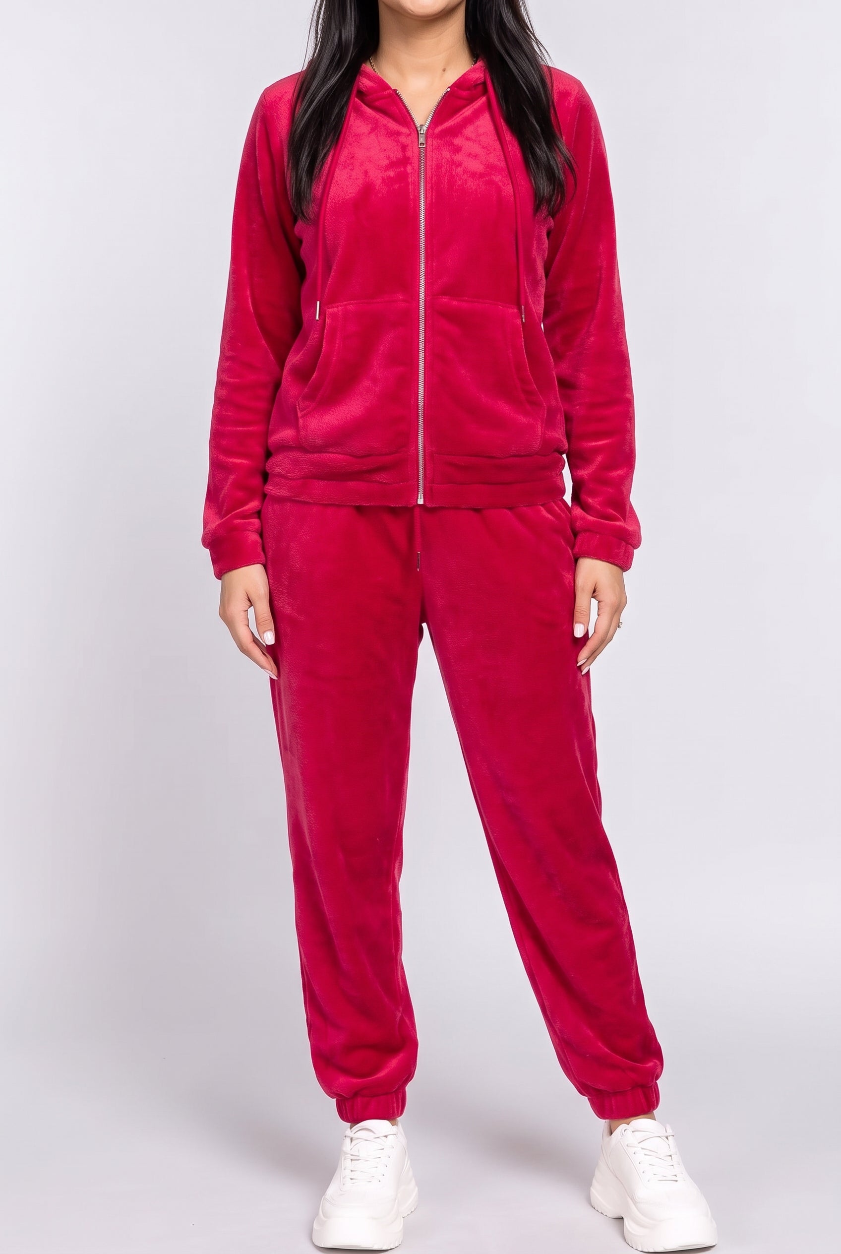 Front fit of the red Don't You Want Me plush hoodie and pants set in Small.