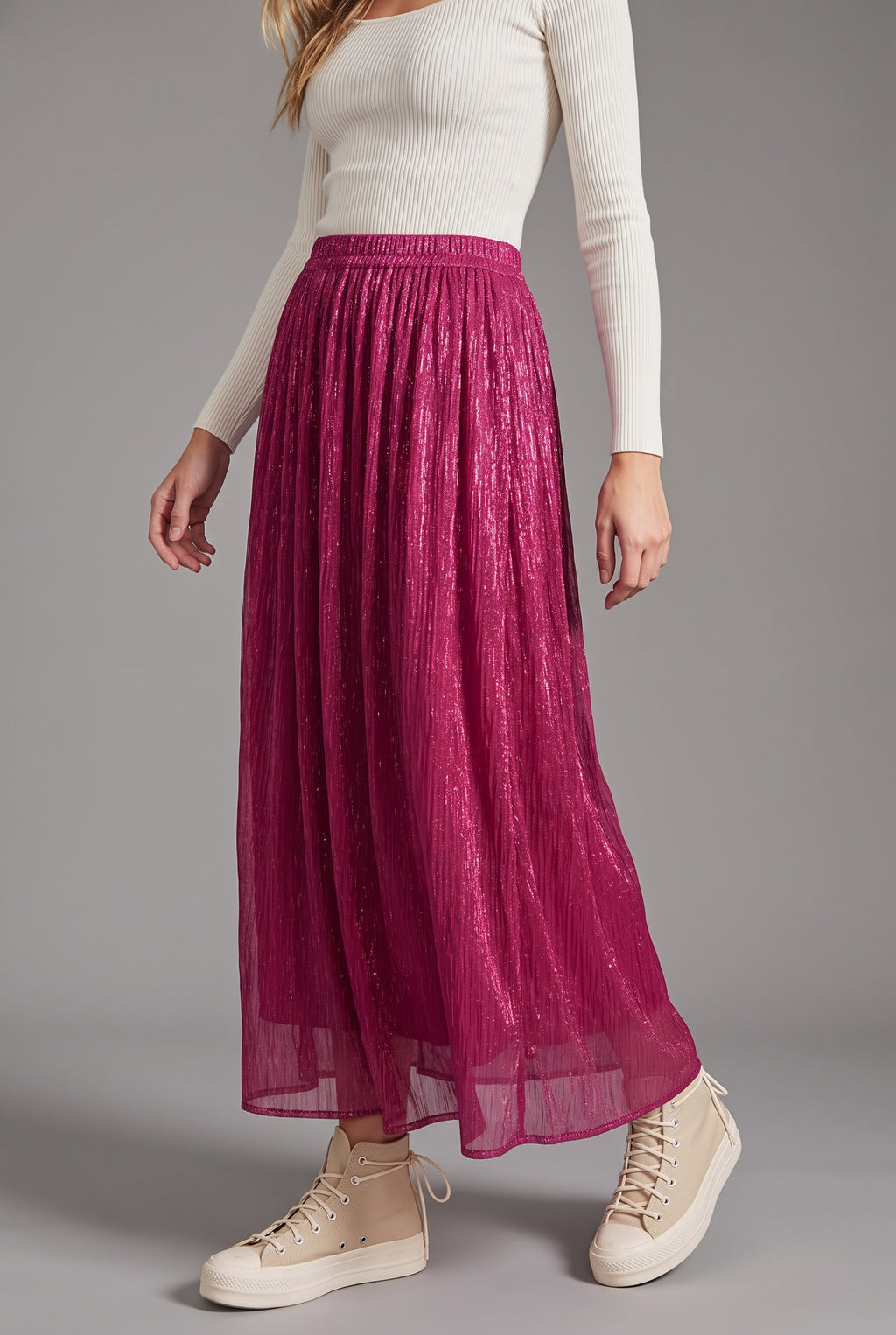 Angled side view of the Win My Heart Sparkle Pleated Maxi Skirt in Small on Elsa.