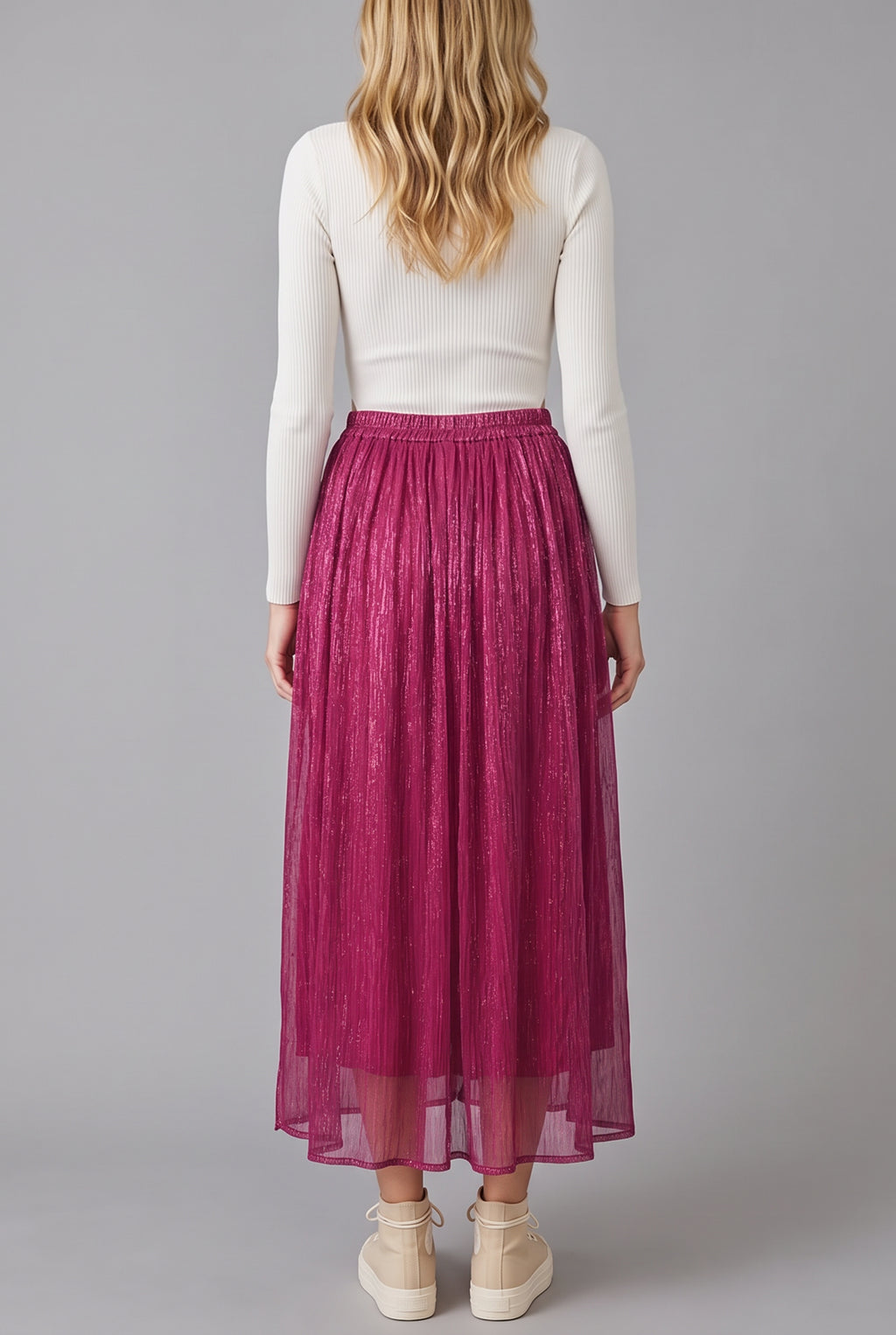 Back view of the Win My Heart Sparkle Pleated Maxi Skirt showing its full length and gathered waist.