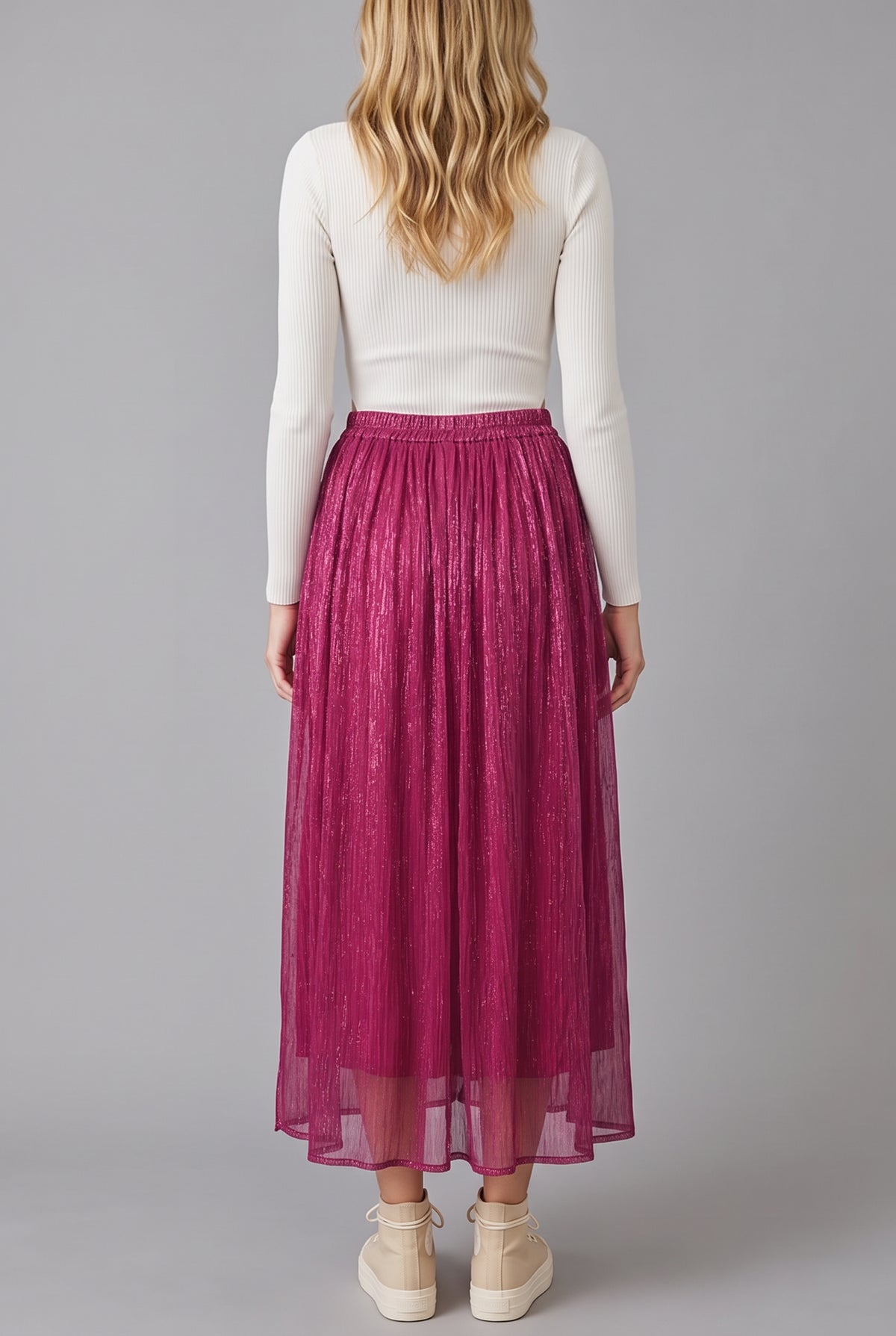 Back view of the Win My Heart Sparkle Pleated Maxi Skirt showing its full length and gathered waist.