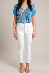 Front view of All of Me white cropped jeans showing the mid-rise waist, pockets and slim-straight fit.