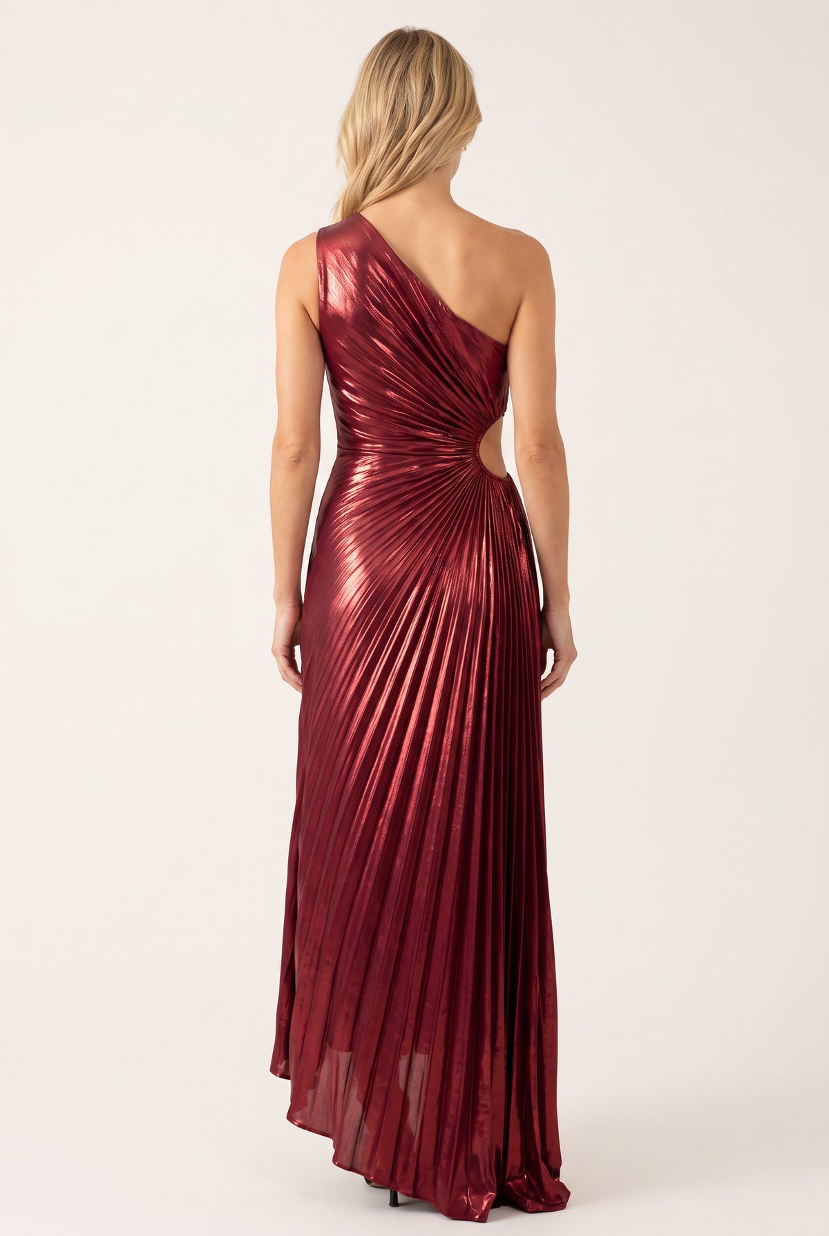 Back fit of the Give Me Everything Tonight Wine Maxi Dress showing the diagonal neckline and pleated skirt.